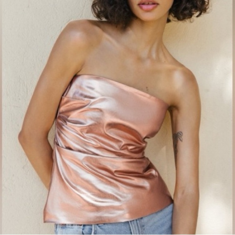 NWT Zara Rose Gold Metallic Ruched Strapless Shimmering Top